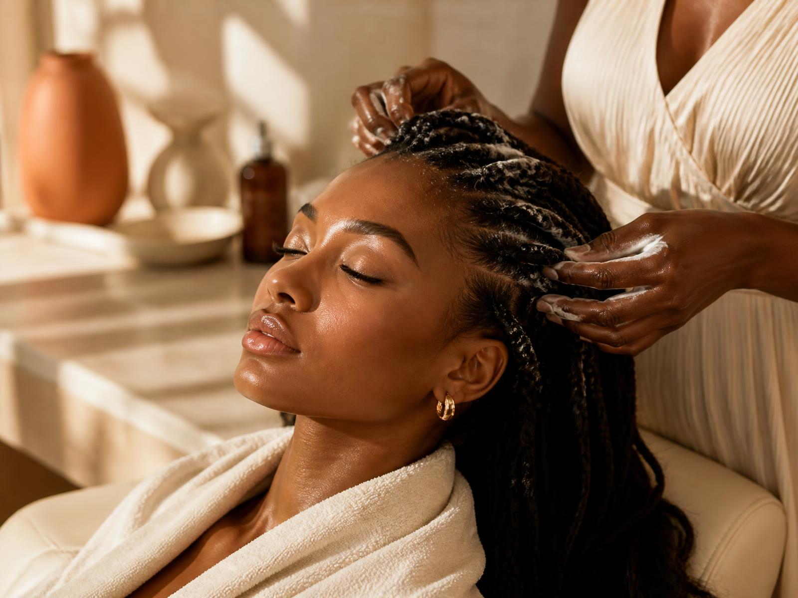 Beauty professional at work in a warm, calm studio
